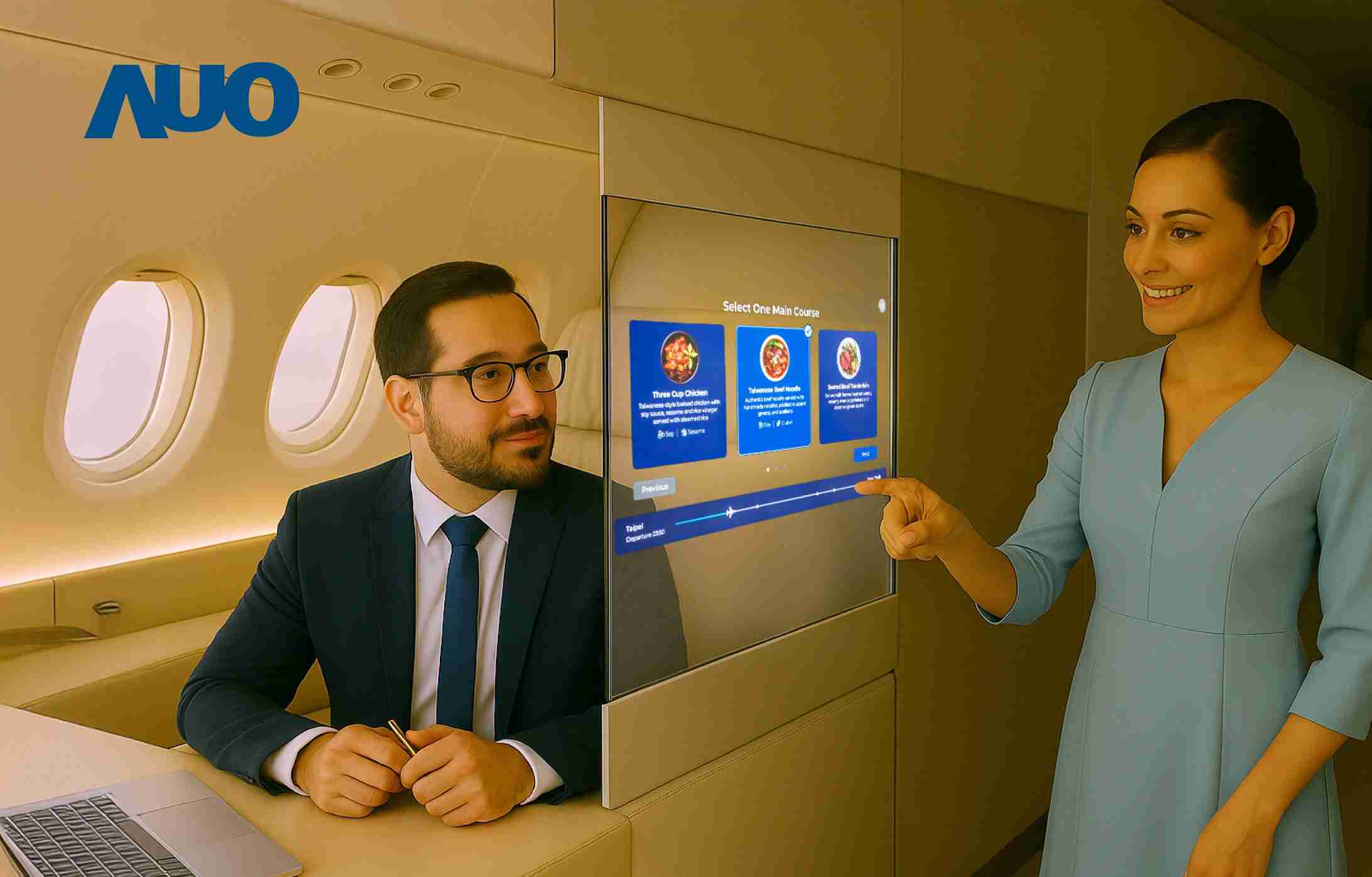 汇旺支付研发全球最薄17.3 吋双面透明 Micro LED 显示器，，，可在同一屏幕之双边投射不同信息，，，，创造独特的”透明化”互动；图为实时翻译交流应用情境